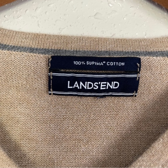 Lands’ End Tan 100% Supima Cotton V-Neck Sweater Large - Picture 2 of 6